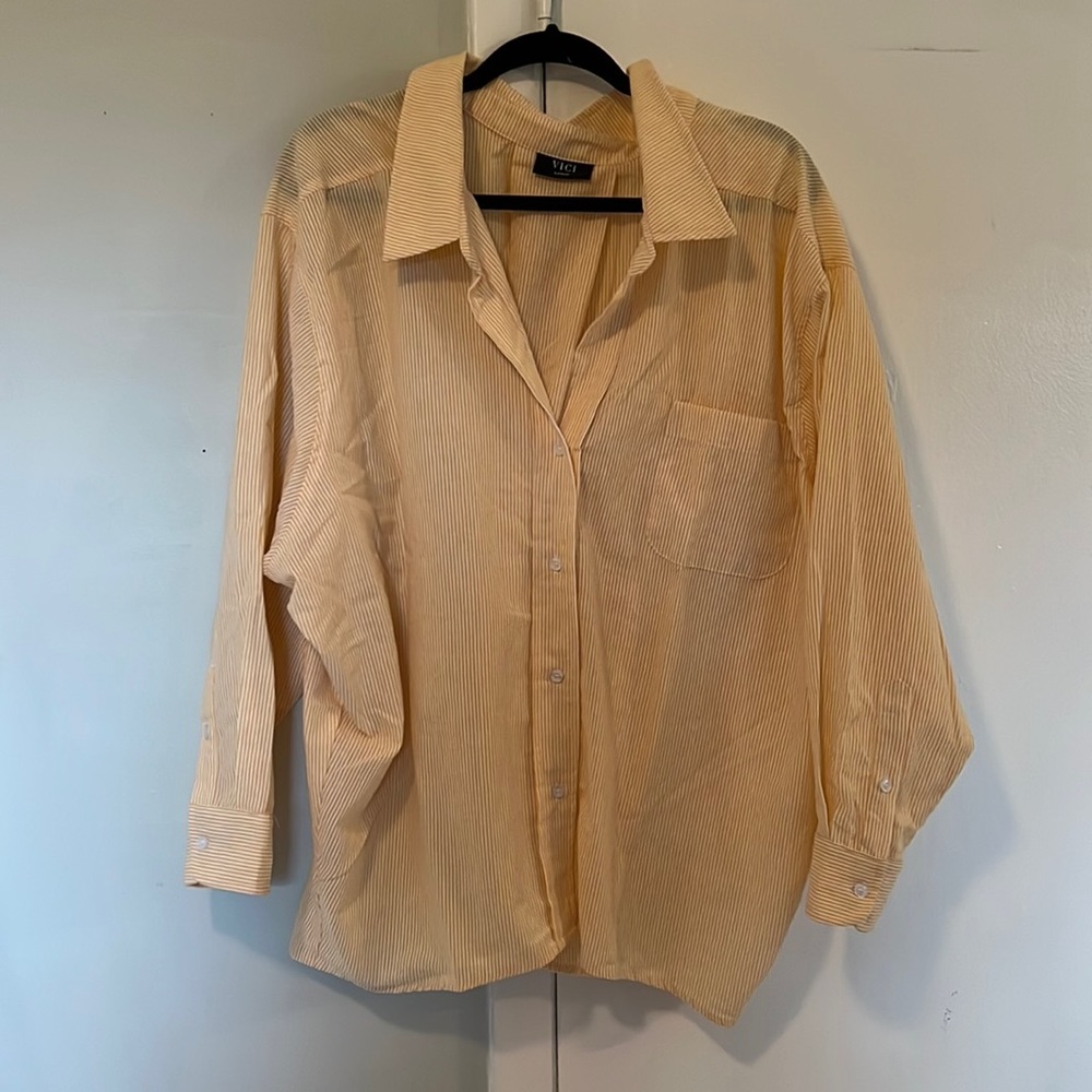 Vici Brand 	Sebastian Cotton Blend Striped Button Down Top - Yellow. Size Large